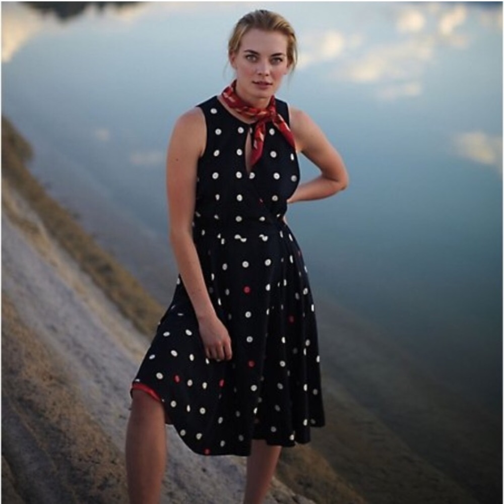 Anthropologie Black Polka Dot Midi Dress with Red Accents